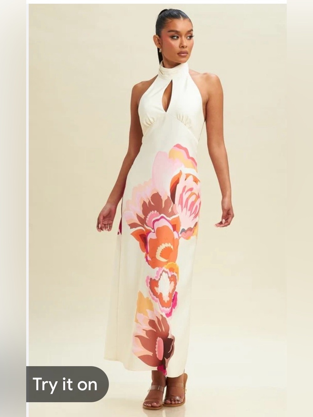 Cream Halter Maxi Dress with Pink & Orange Floral Print